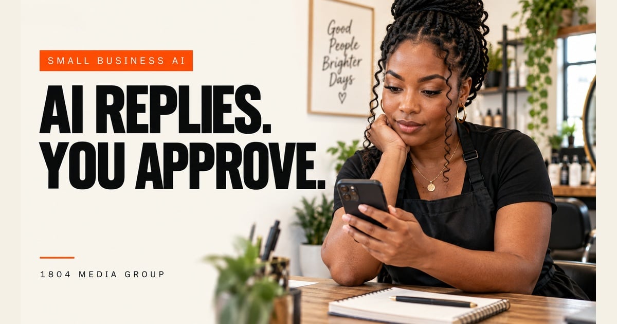 Small business owner reviewing a customer message beside the headline AI Replies. You Approve.