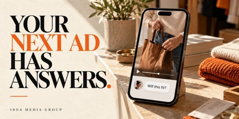 Smartphone displaying a product video and customer question beside the headline Your Next Ad Has Answers.