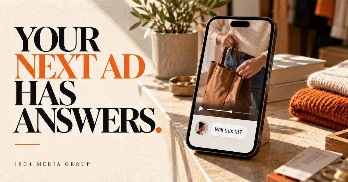 Smartphone displaying a product video and customer question beside the headline Your Next Ad Has Answers.