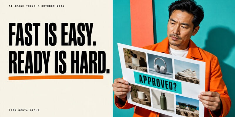 Creative director reviewing a contact sheet beside the headline Fast Is Easy. Ready Is Hard.