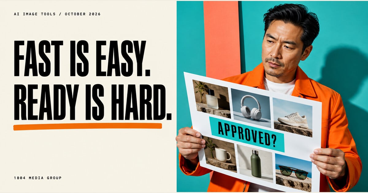 Creative director reviewing a contact sheet beside the headline Fast Is Easy. Ready Is Hard.