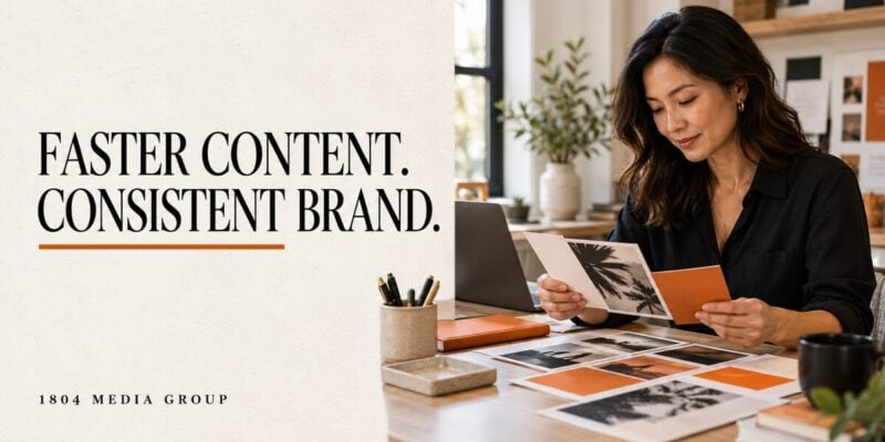 Business owner reviewing coordinated marketing materials beside the headline Faster Content. Consistent Brand.