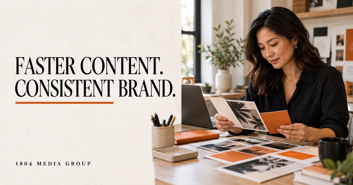 Business owner reviewing coordinated marketing materials beside the headline Faster Content. Consistent Brand.