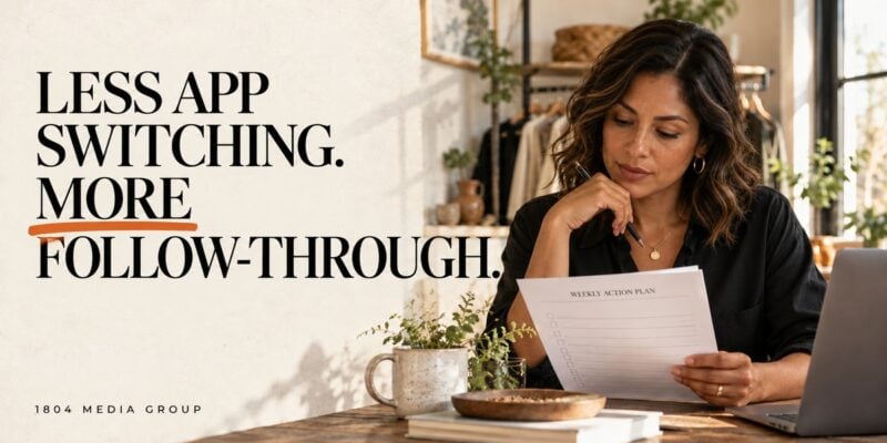 Hispanic woman reviewing a weekly action plan beside a laptop with the headline Less App Switching. More Follow-Through.