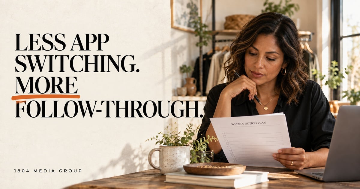 Hispanic woman reviewing a weekly action plan beside a laptop with the headline Less App Switching. More Follow-Through.