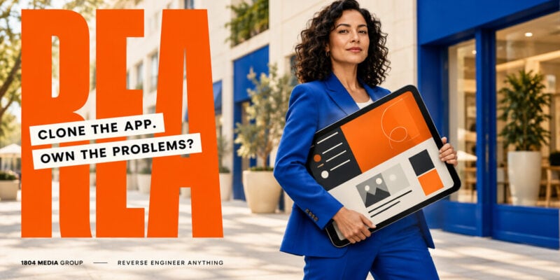 Woman in a cobalt suit holding an oversized tablet beside large orange REA lettering and the question Clone the App. Own the Problems?