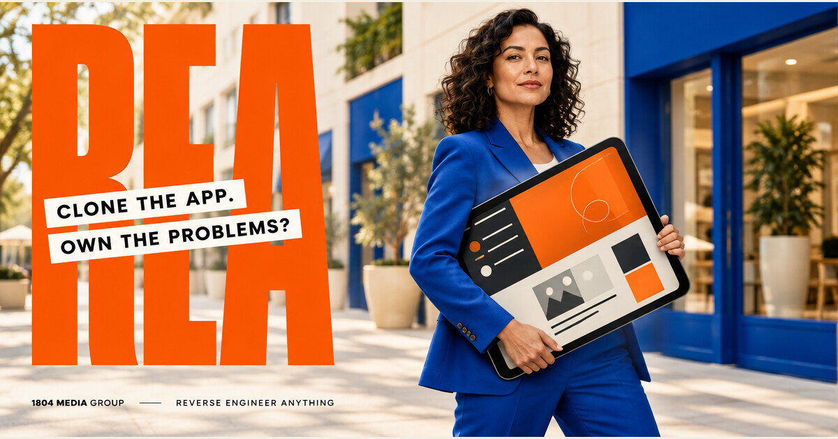 Woman in a cobalt suit holding an oversized tablet beside large orange REA lettering and the question Clone the App. Own the Problems?