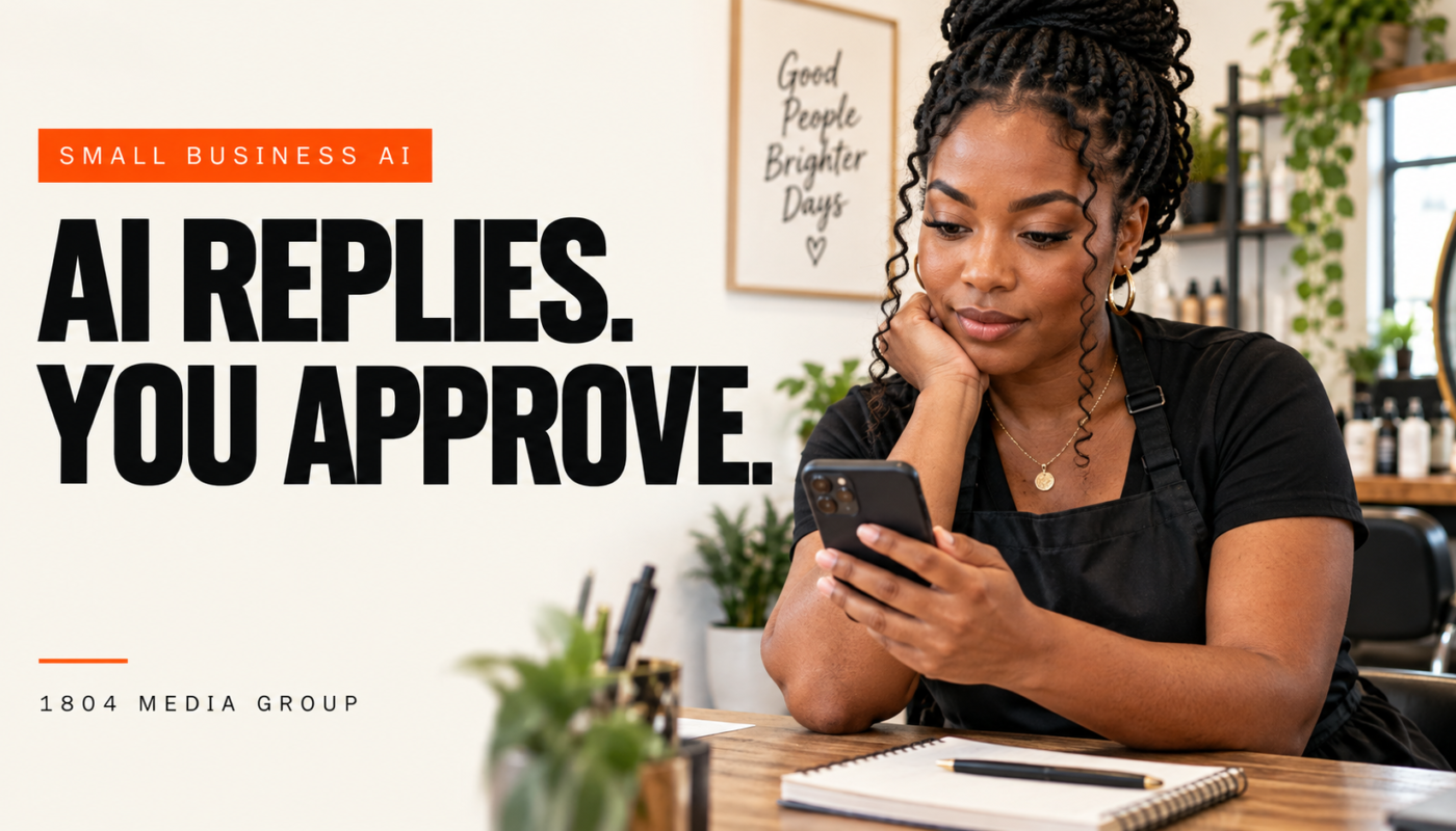 Small business owner reviewing a customer message beside the headline AI Replies. You Approve.